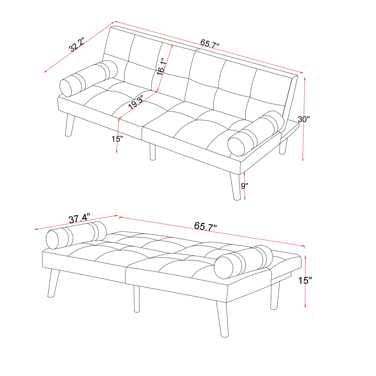 Convertible Sofa Bed Futon with Solid Wood Legs Linen Fabric Blue