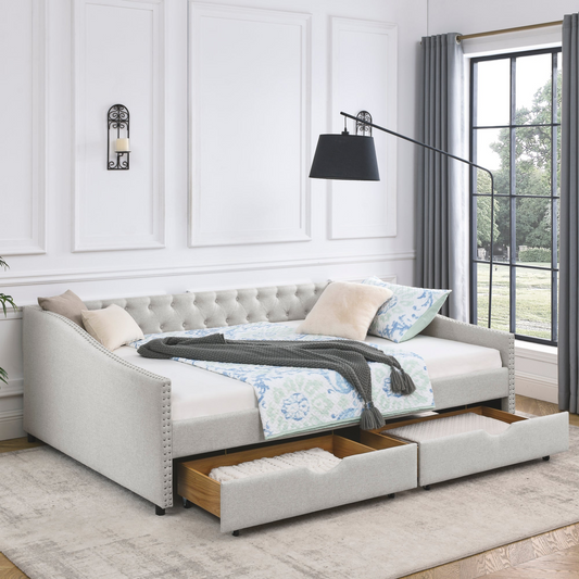 Queen Daybed with Drawers Upholstered, Beige (84.5"x63.5"x26.5")