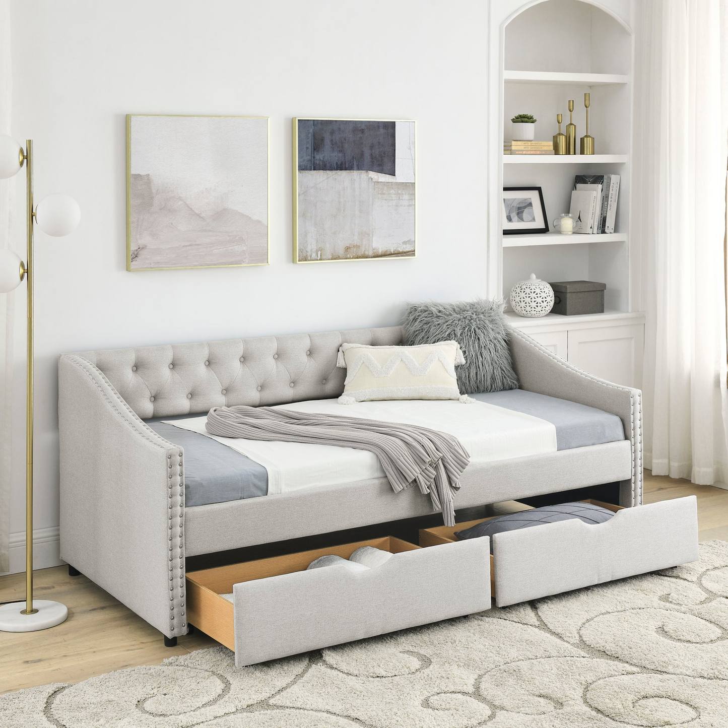 Twin Upholstered Tufted Sofa Bed, Beige (81.5''x41''x30.5'')