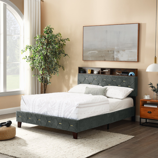 Full Platform Bed with Outlet & USB Ports, Grey