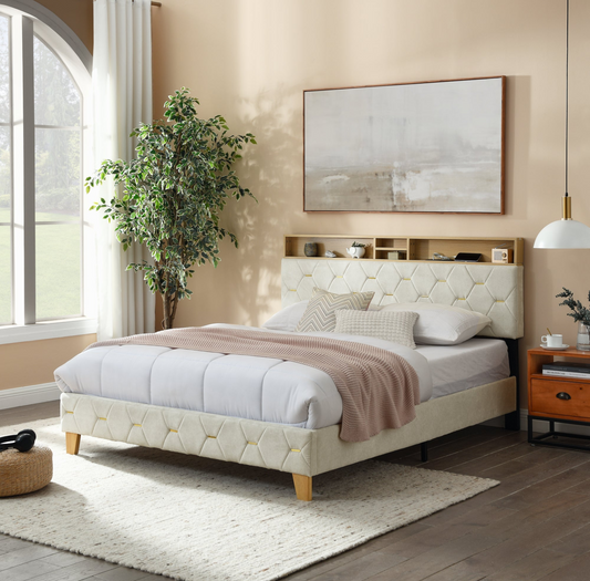 Queen Shelf Upholstered Headboard, Platform Bed with Outlet & USB Ports, Beige