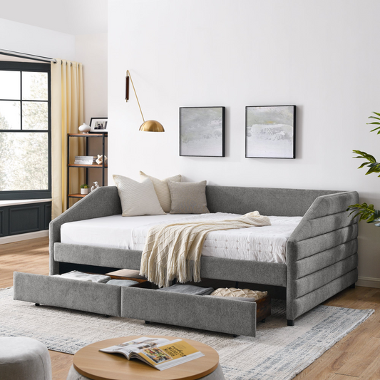 Queen Size Daybed with Two Drawers Trundle, Grey (88"x64.5"x34")