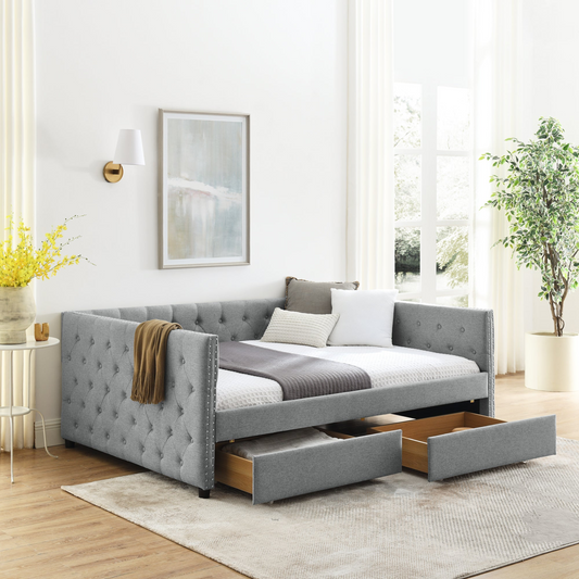 Upholstered Full Size Daybed with Two Drawers, with Button and Copper Nail on Square Arms, Grey (82.75''x58''x30.75'')