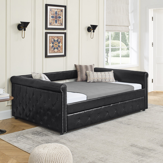 Full Daybed & Twin Trundle, PU Black (85.5"x57"x30.5")