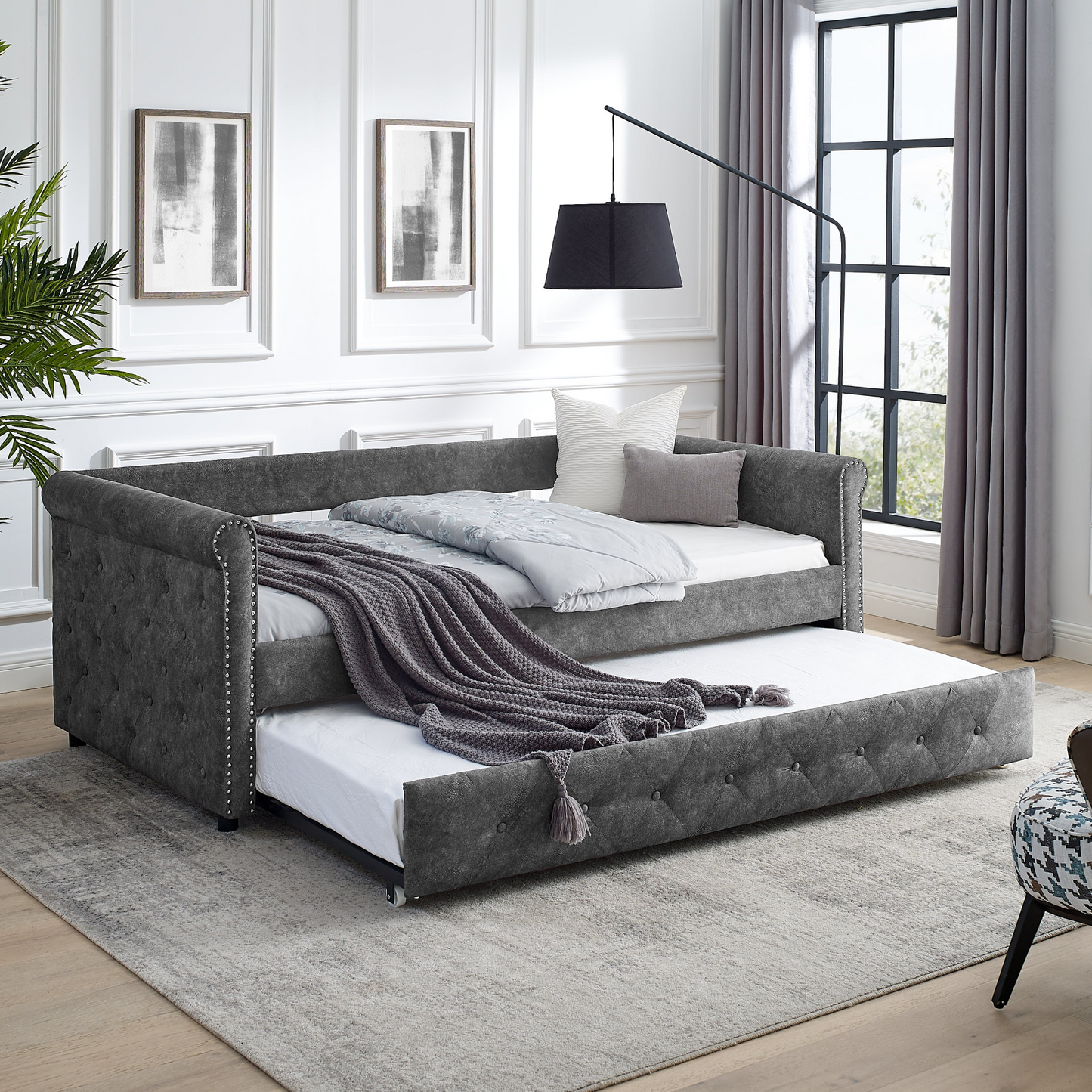 Daybed with Trundle Upholstered, Grey (85.5"x42"x30.5")