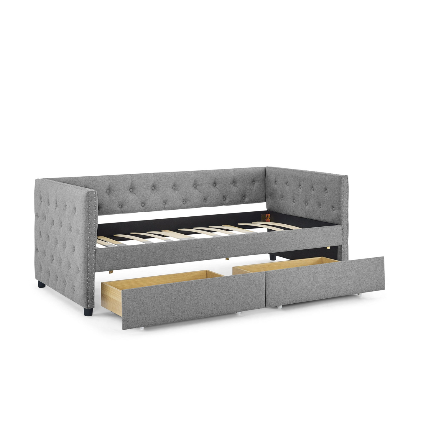 Upholstered Twin Size Daybed with Two Drawers, with Button and Copper Nail on Square Arms, Grey (82.75''x43''x30.75'')