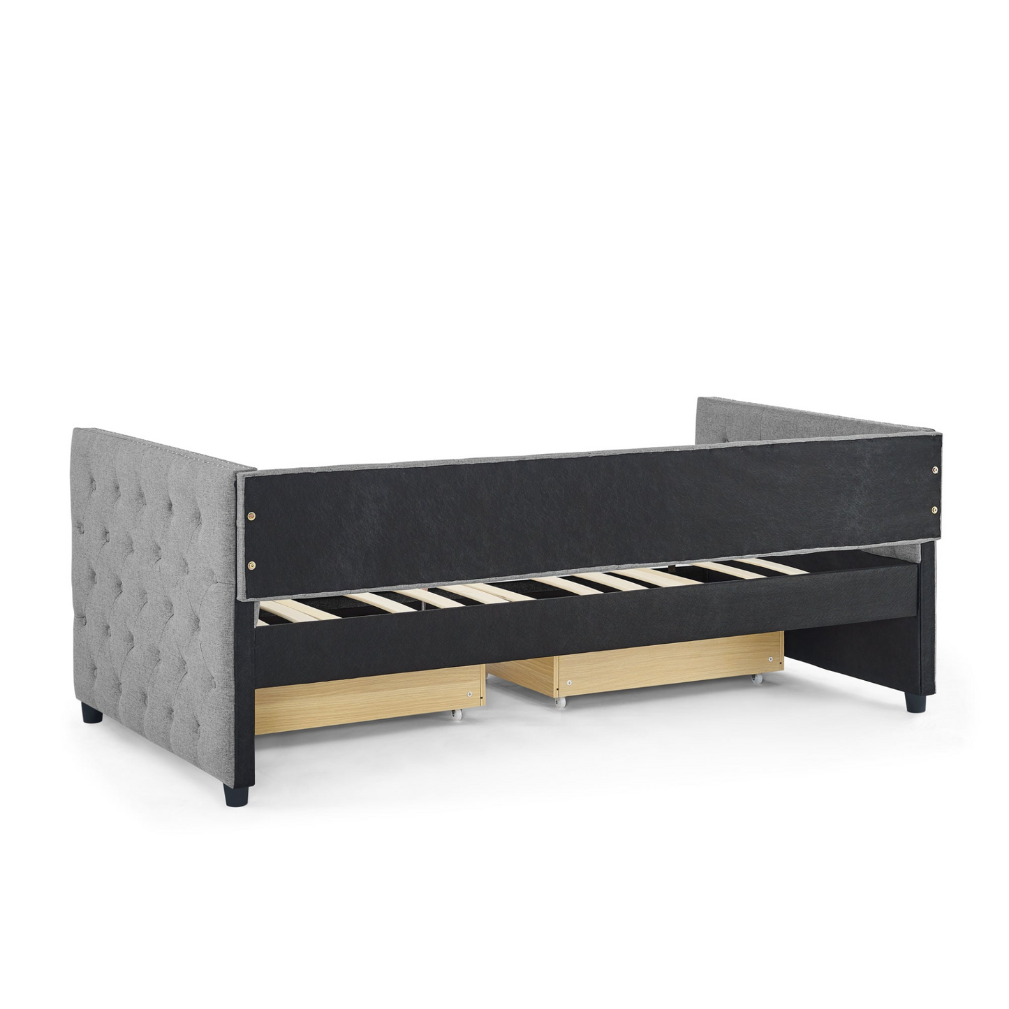 Upholstered Twin Size Daybed with Two Drawers, with Button and Copper Nail on Square Arms, Grey (82.75''x43''x30.75'')