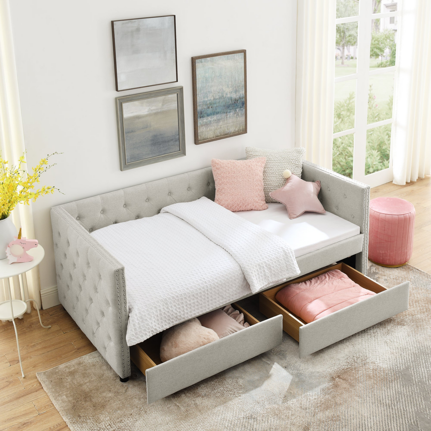 Upholstered Twin Size Daybed with Two Drawers, with Button and Copper Nail on Square Arms, Beige (82.75''x43''x30.75'')