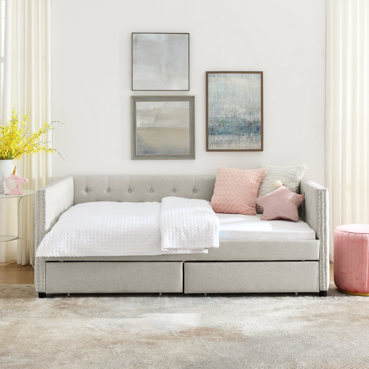 Upholstered Twin Size Daybed with Two Drawers, with Button and Copper Nail on Square Arms, Beige (82.75''x43''x30.75'')