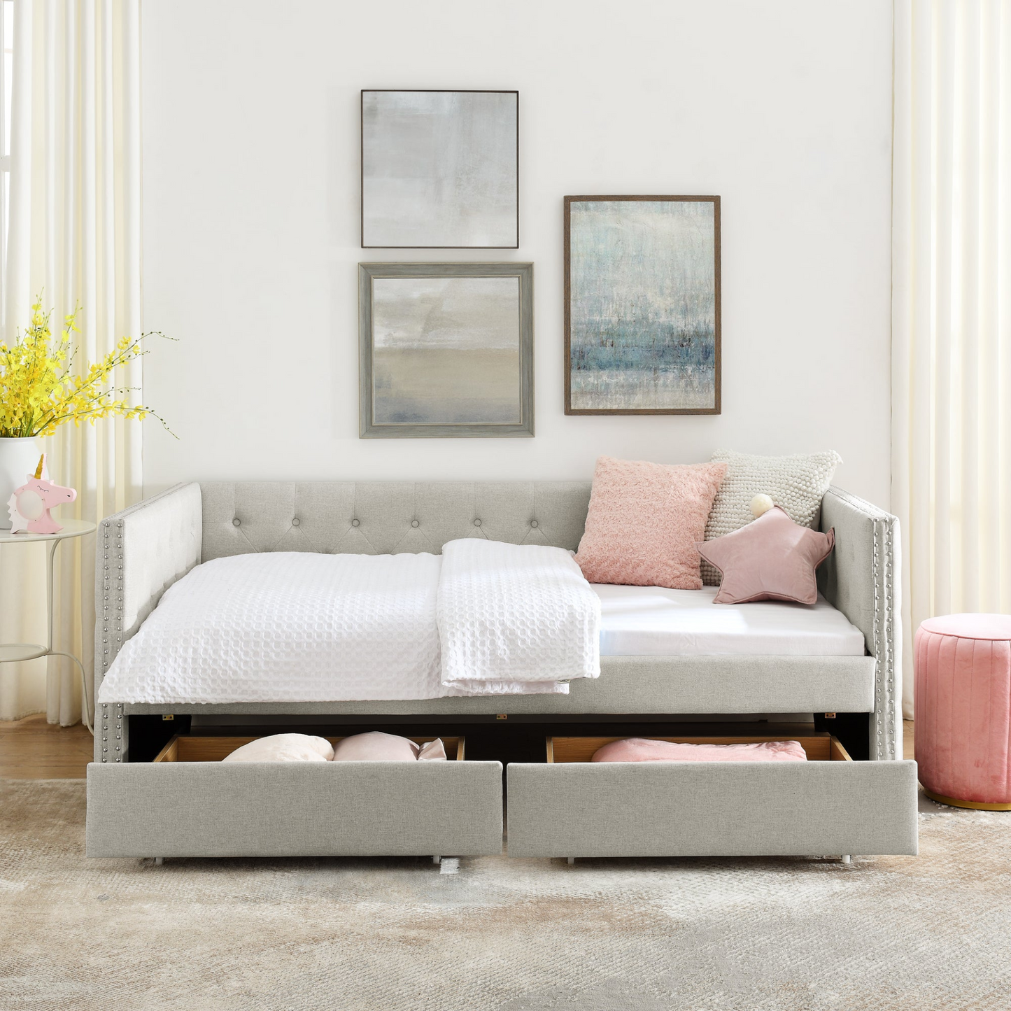 Upholstered Twin Size Daybed with Two Drawers, with Button and Copper Nail on Square Arms, Beige (82.75''x43''x30.75'')