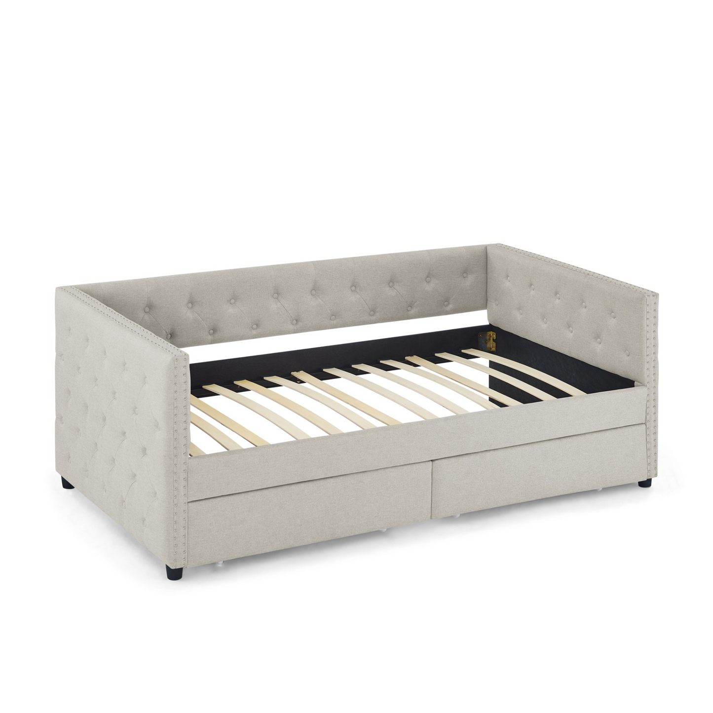 Upholstered Twin Size Daybed with Two Drawers, with Button and Copper Nail on Square Arms, Beige (82.75''x43''x30.75'')