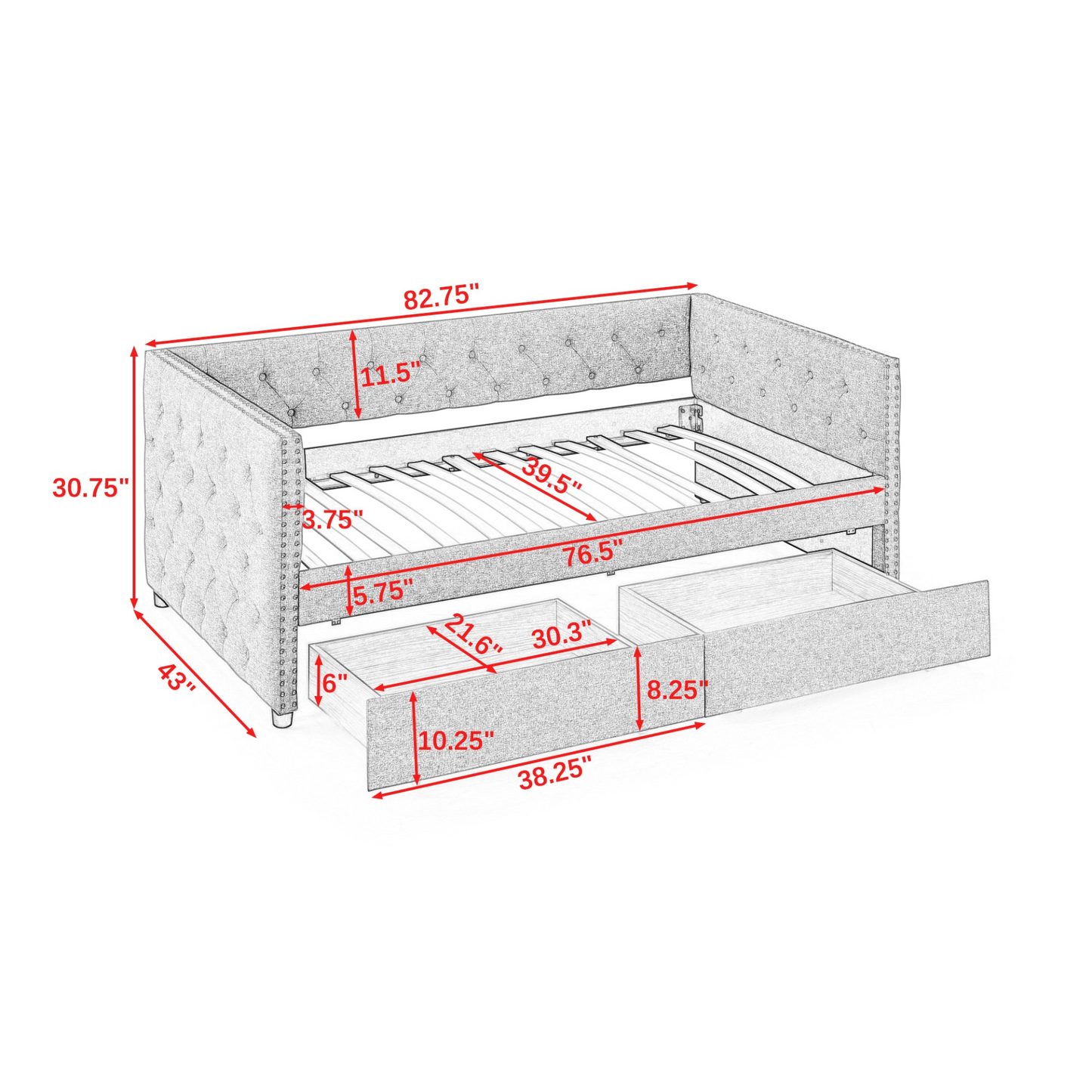 Upholstered Twin Size Daybed with Two Drawers, with Button and Copper Nail on Square Arms, Beige (82.75''x43''x30.75'')