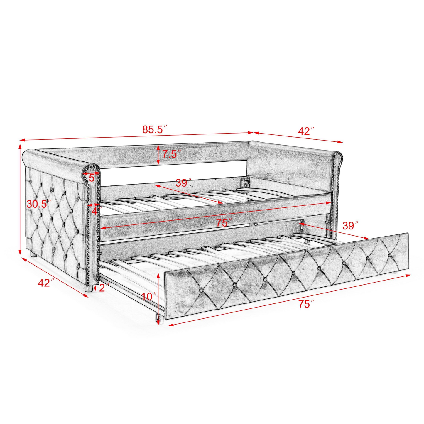 Daybed with Trundle Upholstered, Grey (85.5"x42"x30.5")