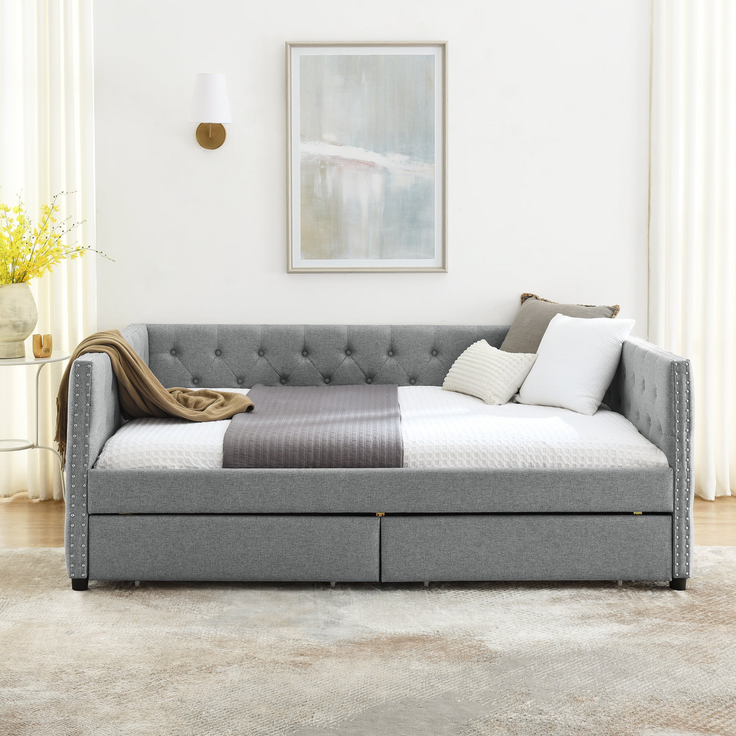 Upholstered Full Size Daybed with Two Drawers, with Button and Copper Nail on Square Arms, Grey (82.75''x58''x30.75'')