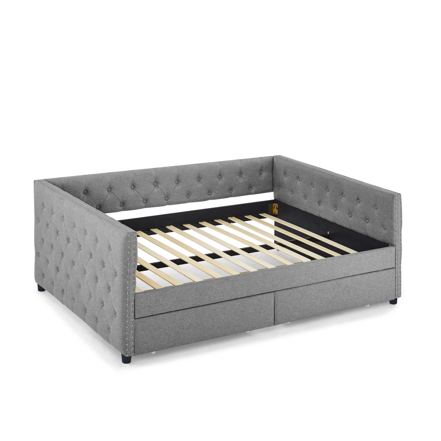 Upholstered Full Size Daybed with Two Drawers, with Button and Copper Nail on Square Arms, Grey (82.75''x58''x30.75'')