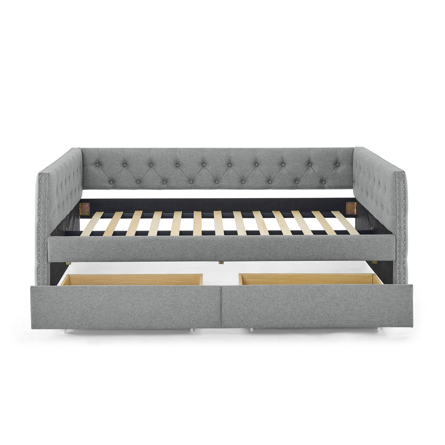 Upholstered Full Size Daybed with Two Drawers, with Button and Copper Nail on Square Arms, Grey (82.75''x58''x30.75'')