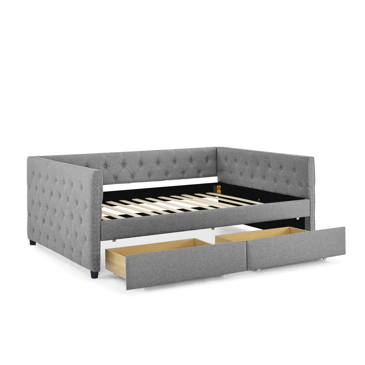 Upholstered Full Size Daybed with Two Drawers, with Button and Copper Nail on Square Arms, Grey (82.75''x58''x30.75'')