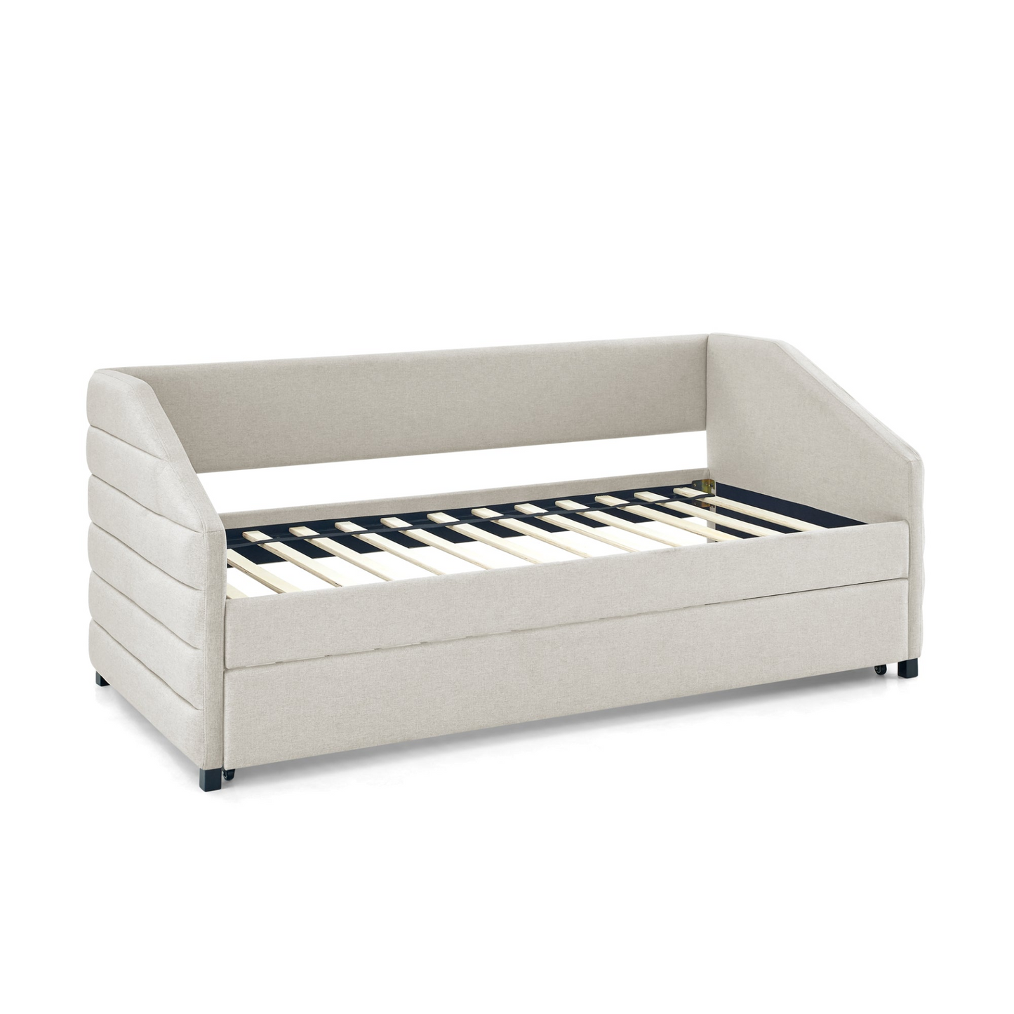 Twin Size Daybed with Trundle, Linen Fabric, Beige  (82.5"x42.5"x34")