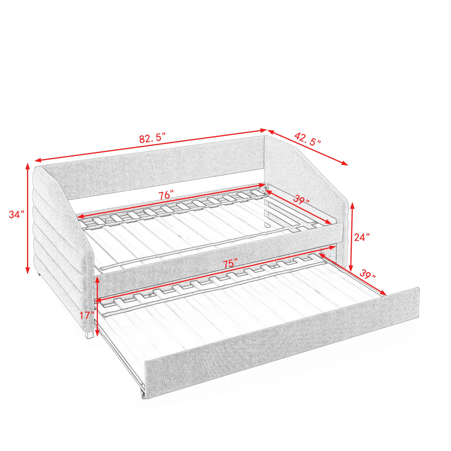 Twin Size Daybed with Trundle, Linen Fabric, Beige  (82.5"x42.5"x34")