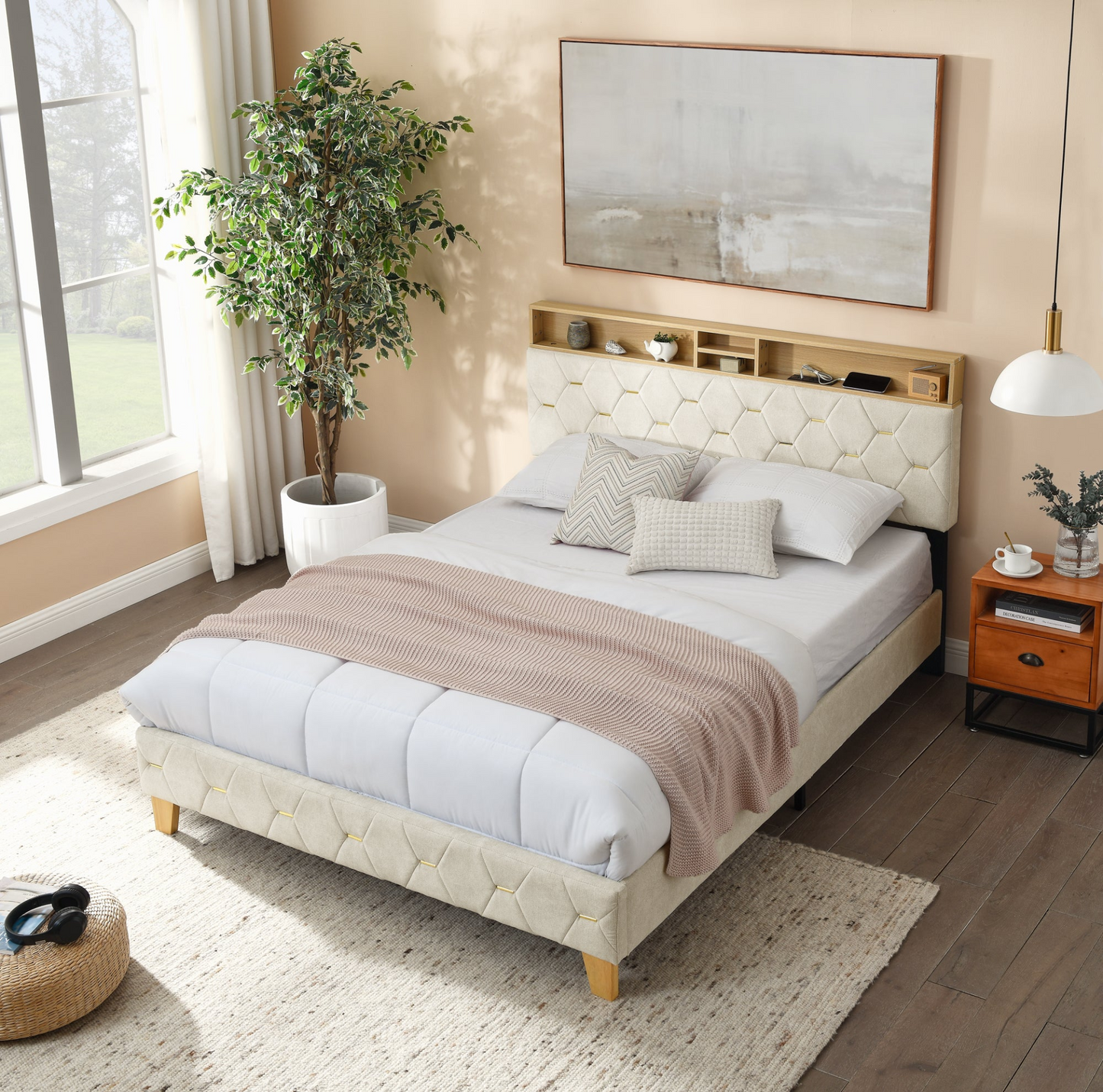 Queen Shelf Upholstered Headboard, Platform Bed with Outlet & USB Ports, Beige