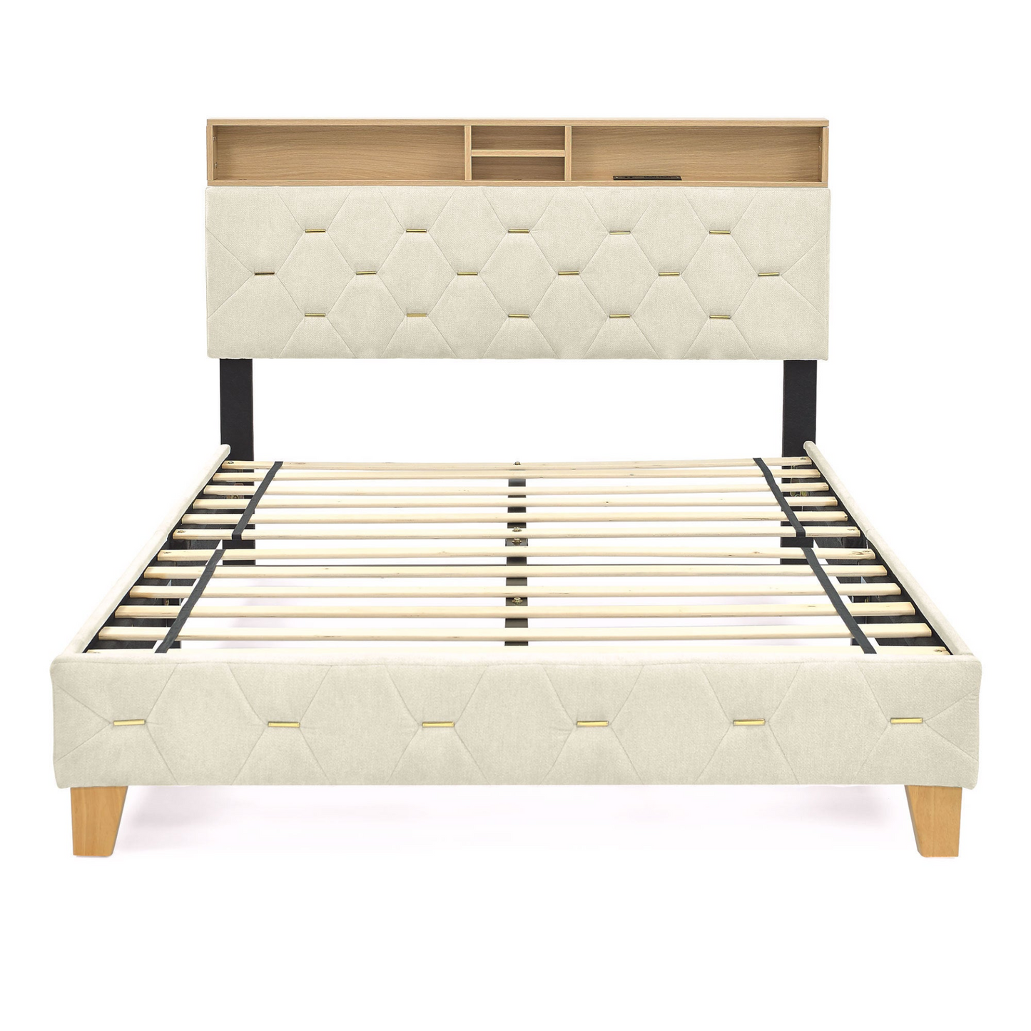 Queen Shelf Upholstered Headboard, Platform Bed with Outlet & USB Ports, Beige