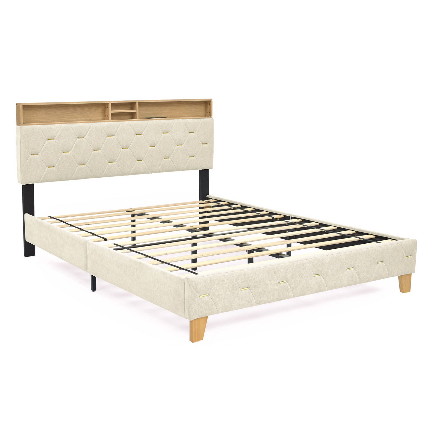 Queen Shelf Upholstered Headboard, Platform Bed with Outlet & USB Ports, Beige