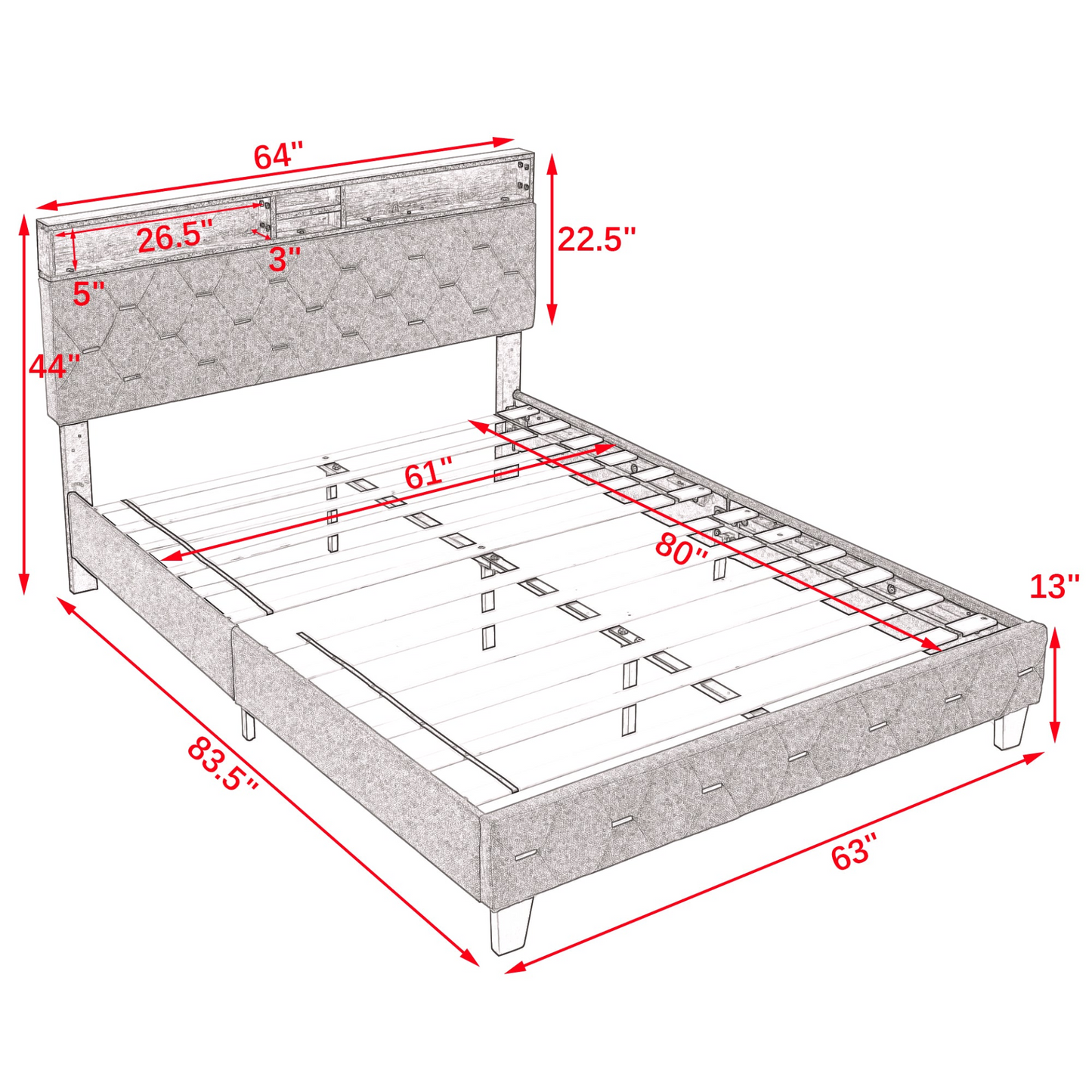 Queen Shelf Upholstered Headboard, Platform Bed with Outlet & USB Ports, Beige