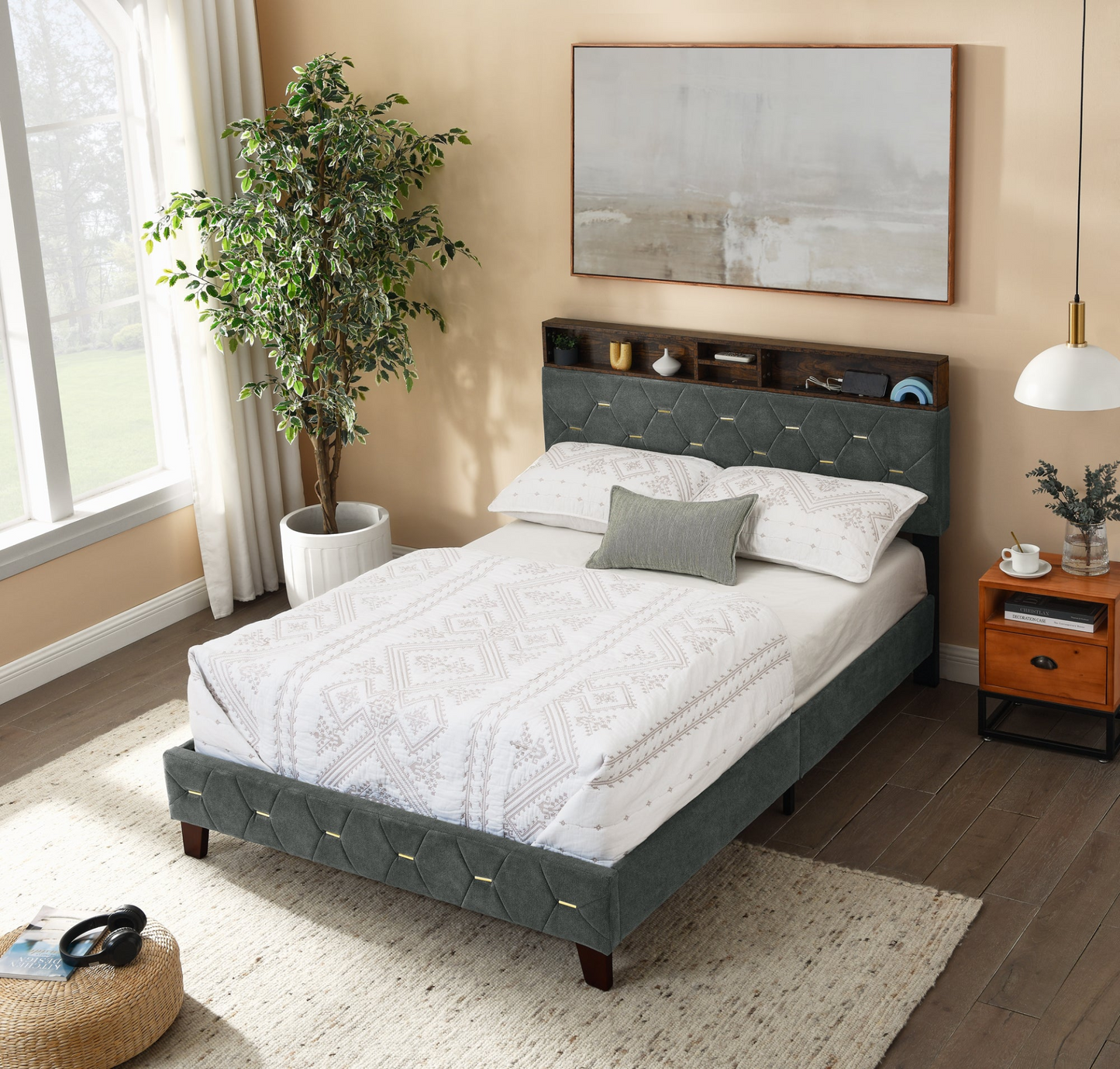 Full Platform Bed with Outlet & USB Ports, Grey