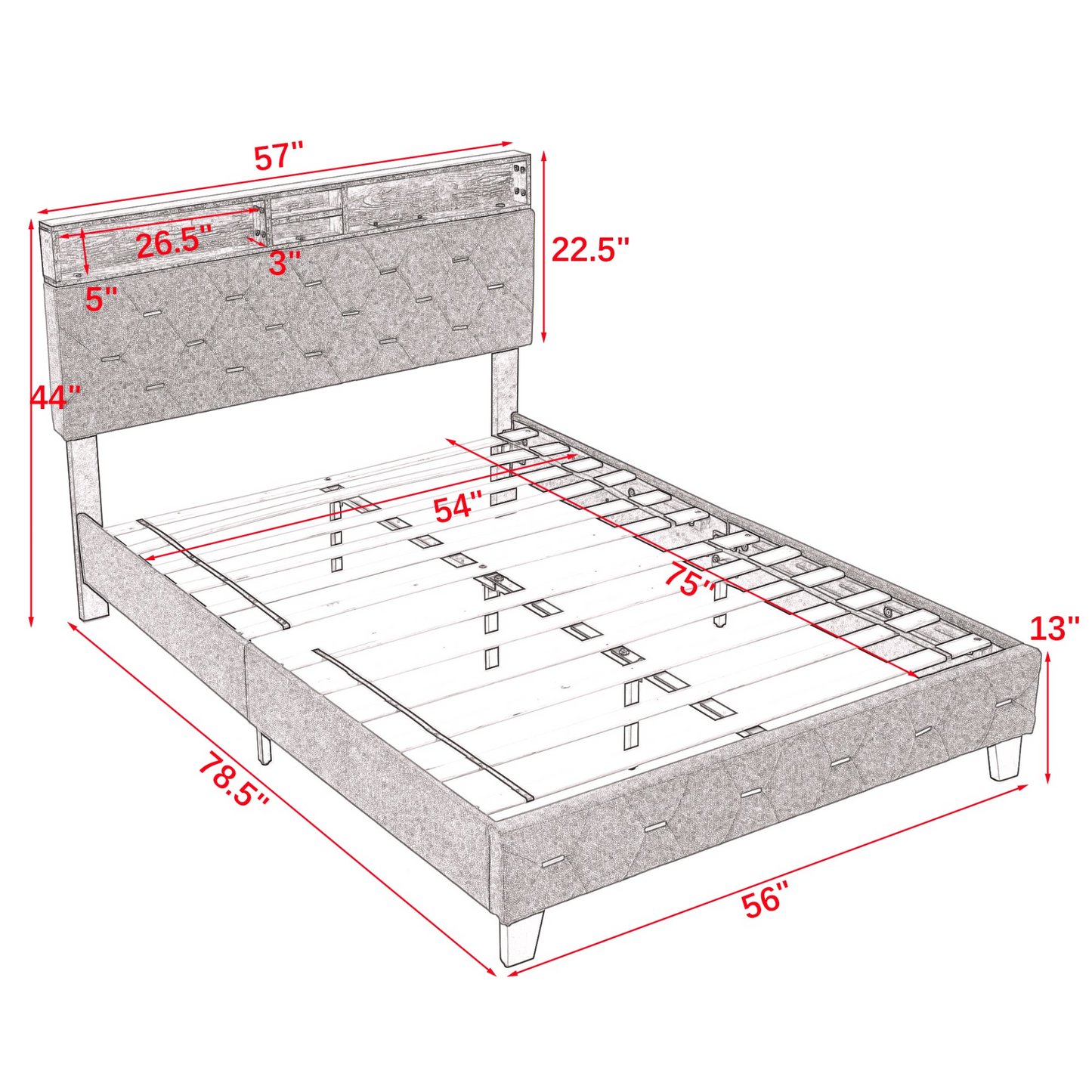 Full Platform Bed with Outlet & USB Ports, Grey