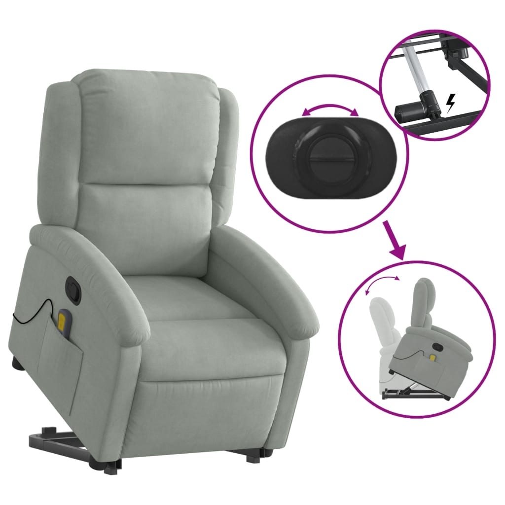 Lift Massage Recliner Chair Light Gray Velvet