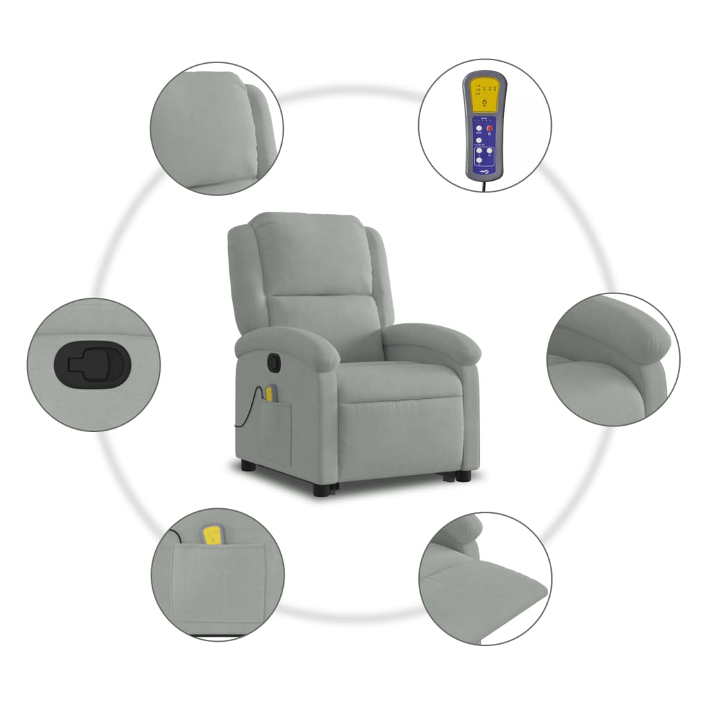 Lift Massage Recliner Chair Light Gray Velvet