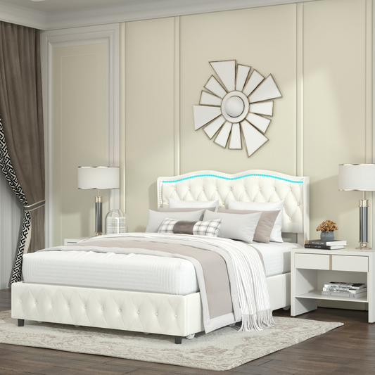 Queen Velvet Upholstered Bed with Deep Tufted Buttons and Nailhead Trim, Beige