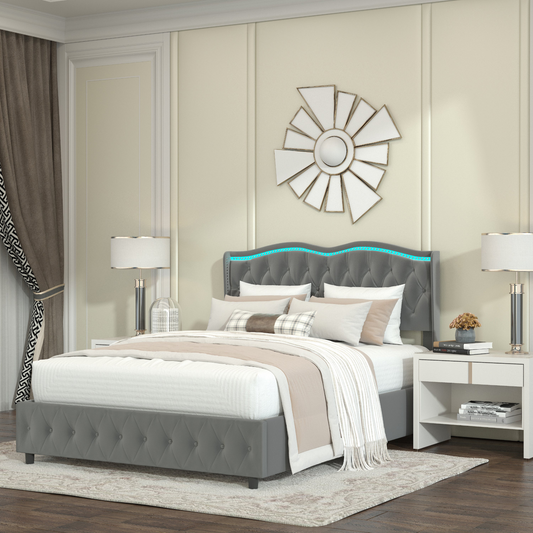 Queen Velvet Upholstered Bed with Deep Tufted Buttons and Nailhead Trim, Grey