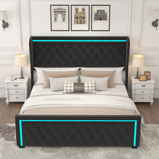 Queen Velvet Upholstered Bed with Deep Tufted Buttons, BLACK