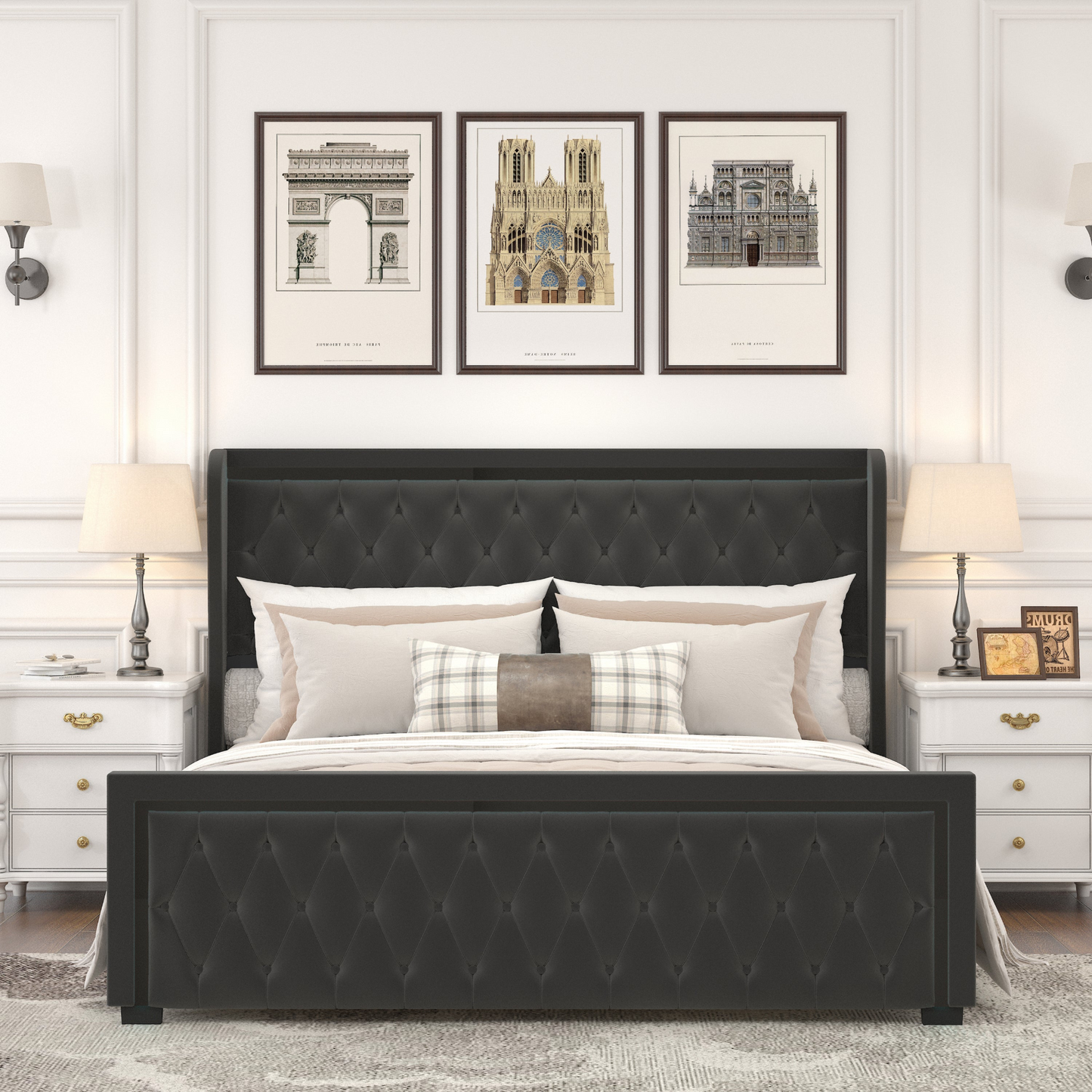 King Velvet Upholstered Bed with Deep Tufted Buttons, Black