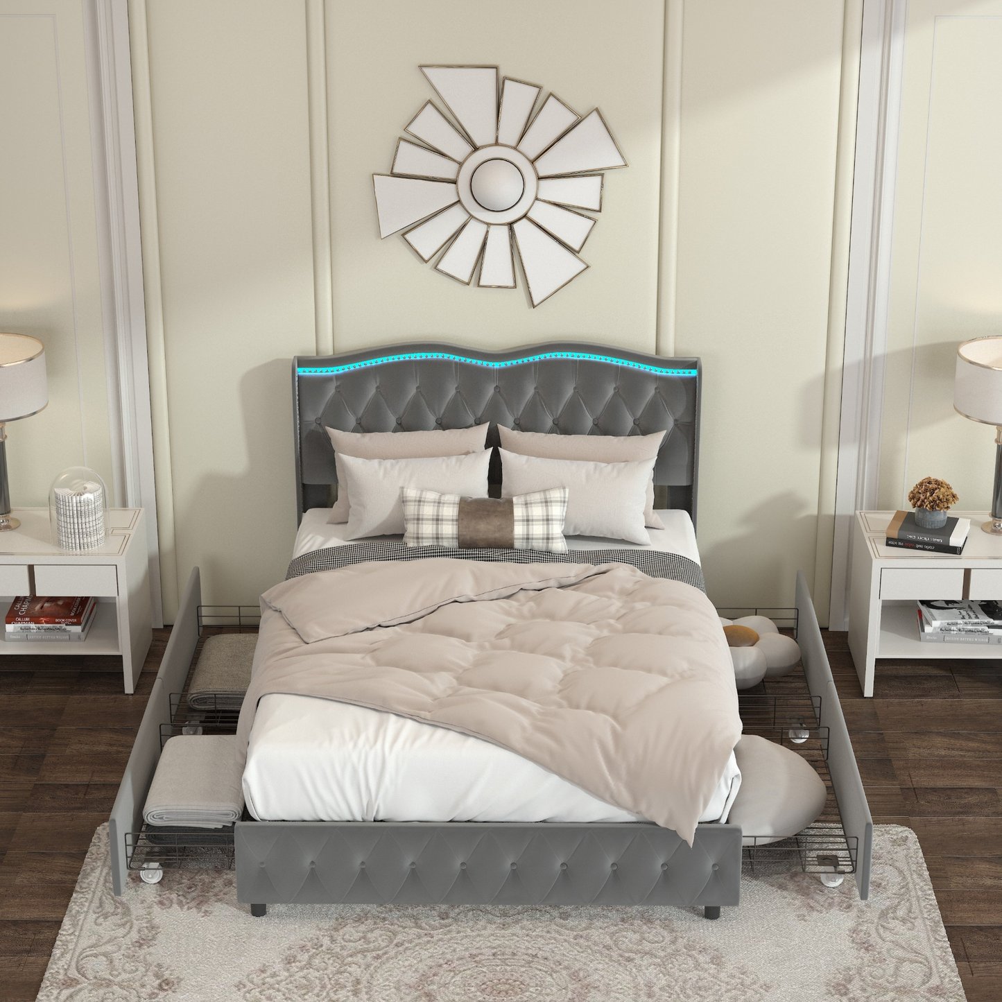 Full Velvet Upholstered Bed with Deep Tufted Buttons and Nailhead Trim, GREY