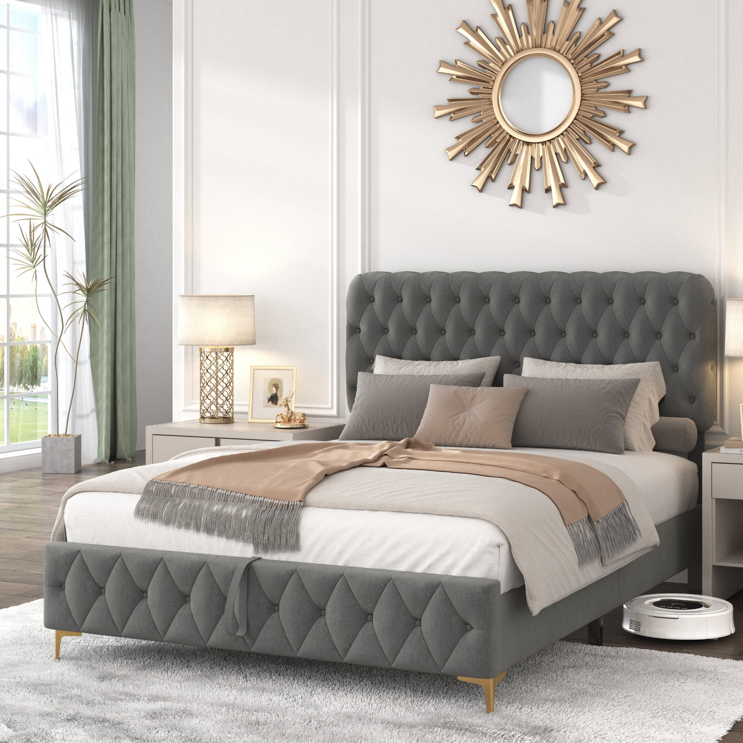 Queen Velvet Upholstered Bed with Deep Tufted Buttons, Gray