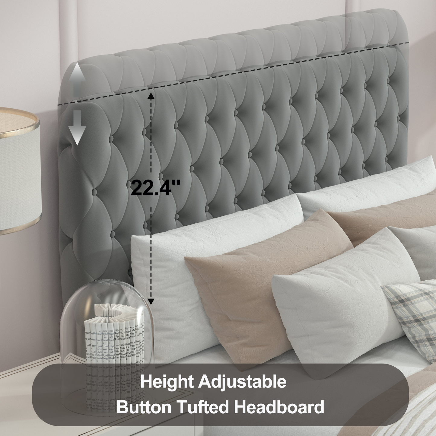 Queen Velvet Upholstered Bed with Deep Tufted Buttons, Gray