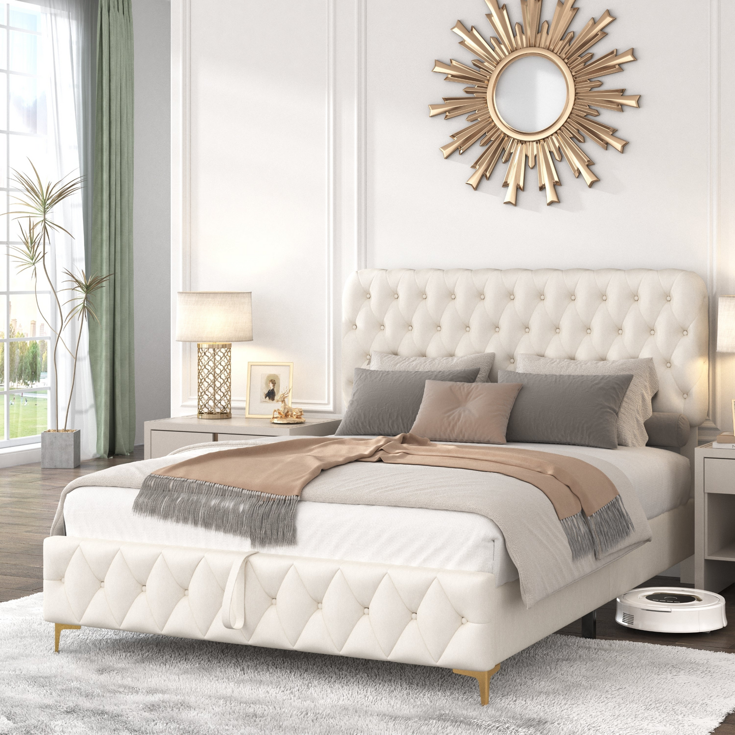 Full Velvet Upholstered Bed with Deep Tufted Buttons, Lift up storage, BEIGE