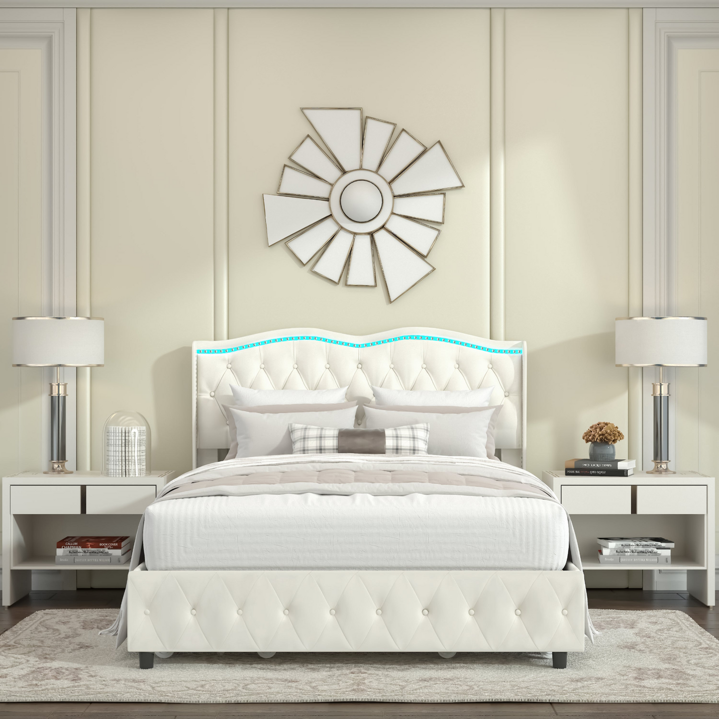 Queen Velvet Upholstered Bed with Deep Tufted Buttons and Nailhead Trim, Beige