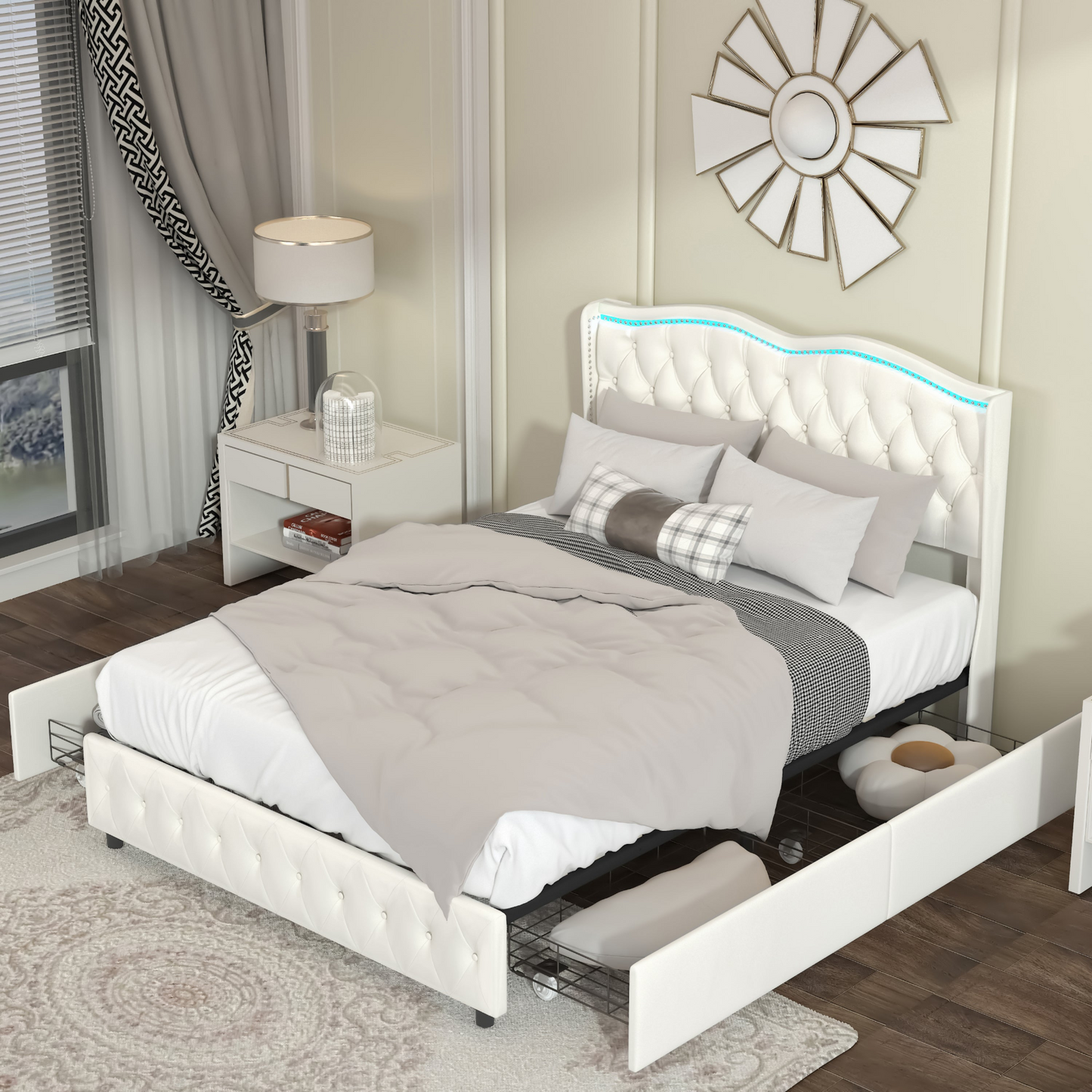 Queen Velvet Upholstered Bed with Deep Tufted Buttons and Nailhead Trim, Beige