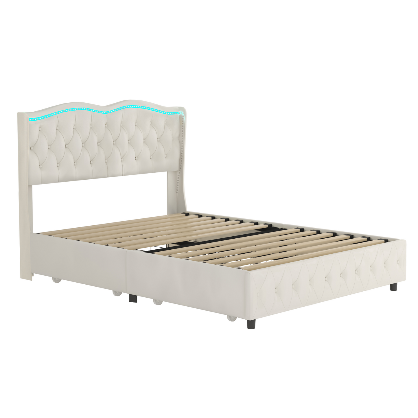 Queen Velvet Upholstered Bed with Deep Tufted Buttons and Nailhead Trim, Beige