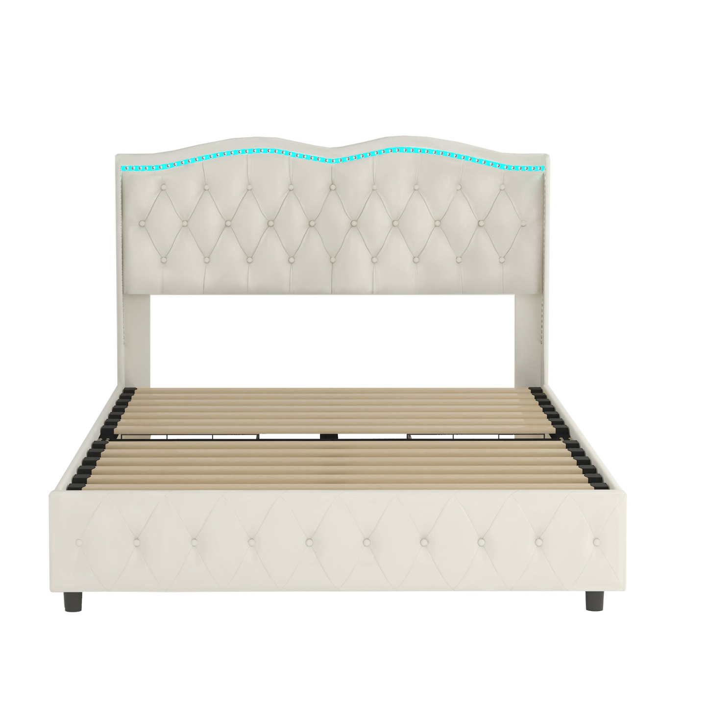 Queen Velvet Upholstered Bed with Deep Tufted Buttons and Nailhead Trim, Beige