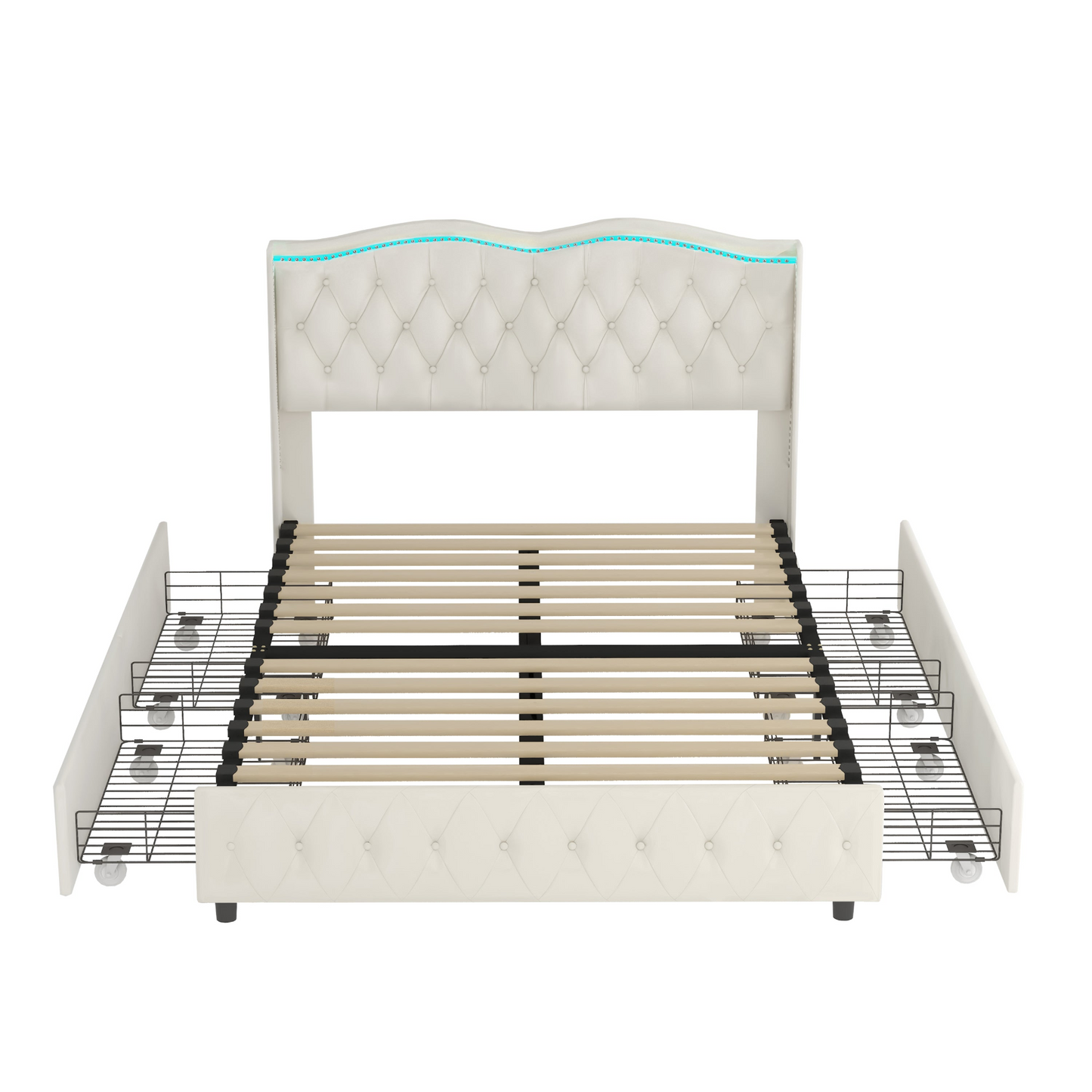 Queen Velvet Upholstered Bed with Deep Tufted Buttons and Nailhead Trim, Beige