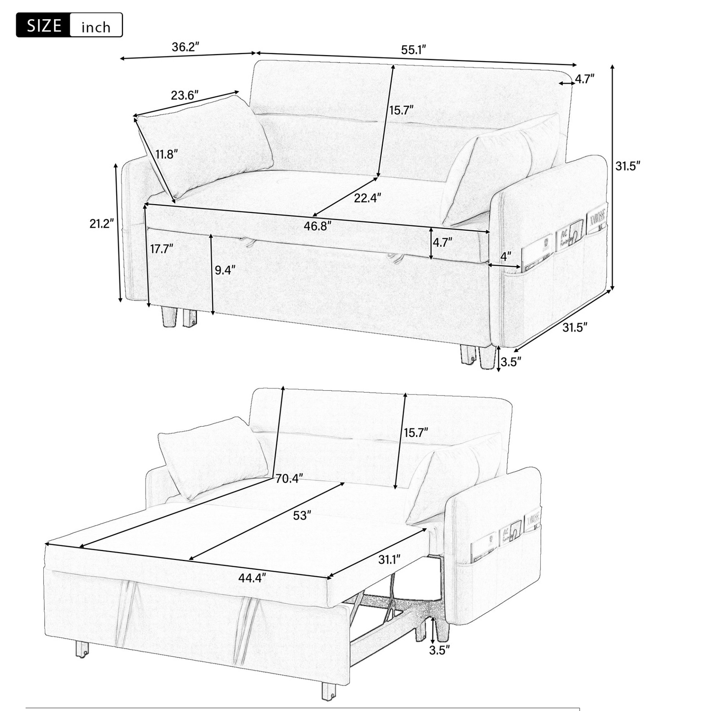 55.1" Pull Out Sleep Sofa Bed Loveseats Sofa Couch with Adjsutable Backrest, Storage Pockets, 2 Soft Pillows, USB Ports for Living Room, Bedroom, Apartment, Office, Blue