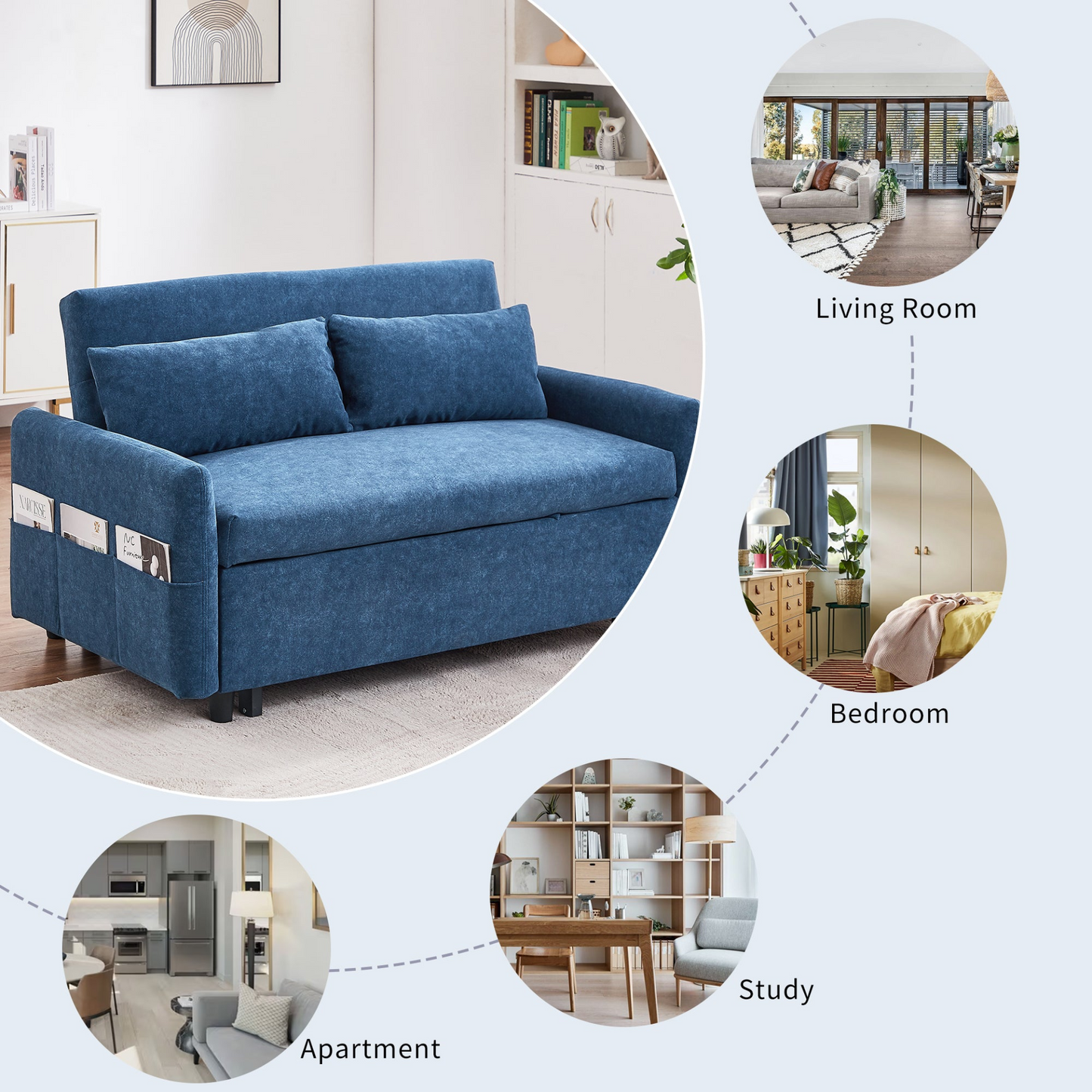 55.1" Pull Out Sleep Sofa Bed Loveseats Sofa Couch with Adjsutable Backrest, Storage Pockets, 2 Soft Pillows, USB Ports for Living Room, Bedroom, Apartment, Office, Blue