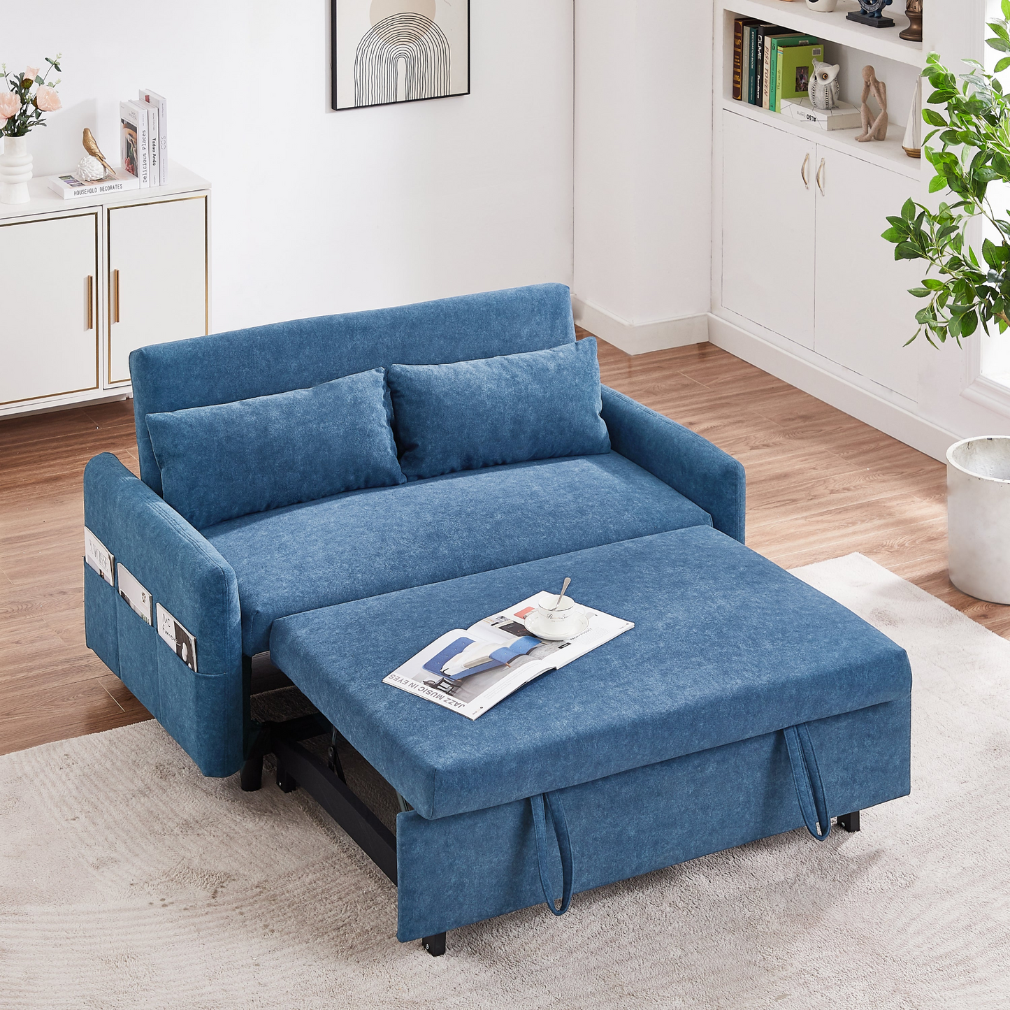 55.1" Pull Out Sleep Sofa Bed Loveseats Sofa Couch with Adjsutable Backrest, Storage Pockets, 2 Soft Pillows, USB Ports for Living Room, Bedroom, Apartment, Office, Blue