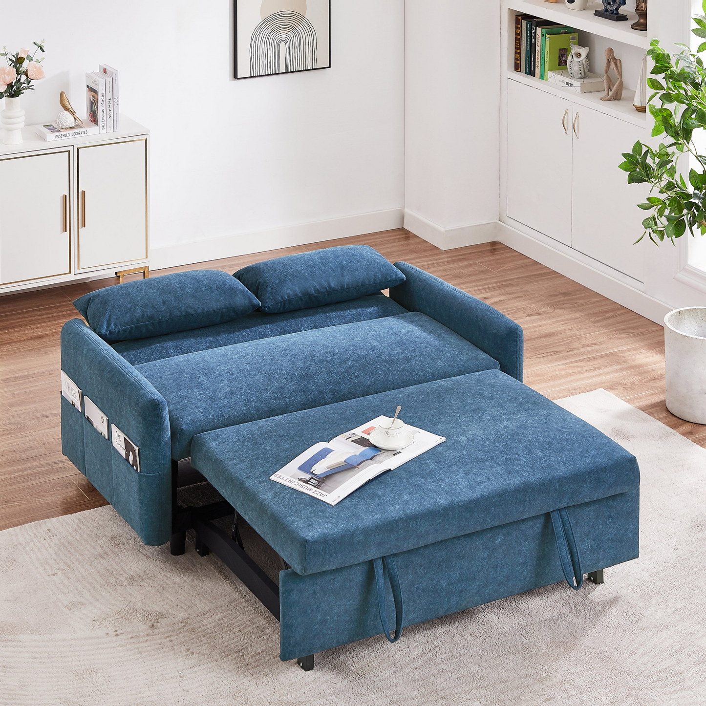 55.1" Pull Out Sleep Sofa Bed Loveseats Sofa Couch with Adjsutable Backrest, Storage Pockets, 2 Soft Pillows, USB Ports for Living Room, Bedroom, Apartment, Office, Blue