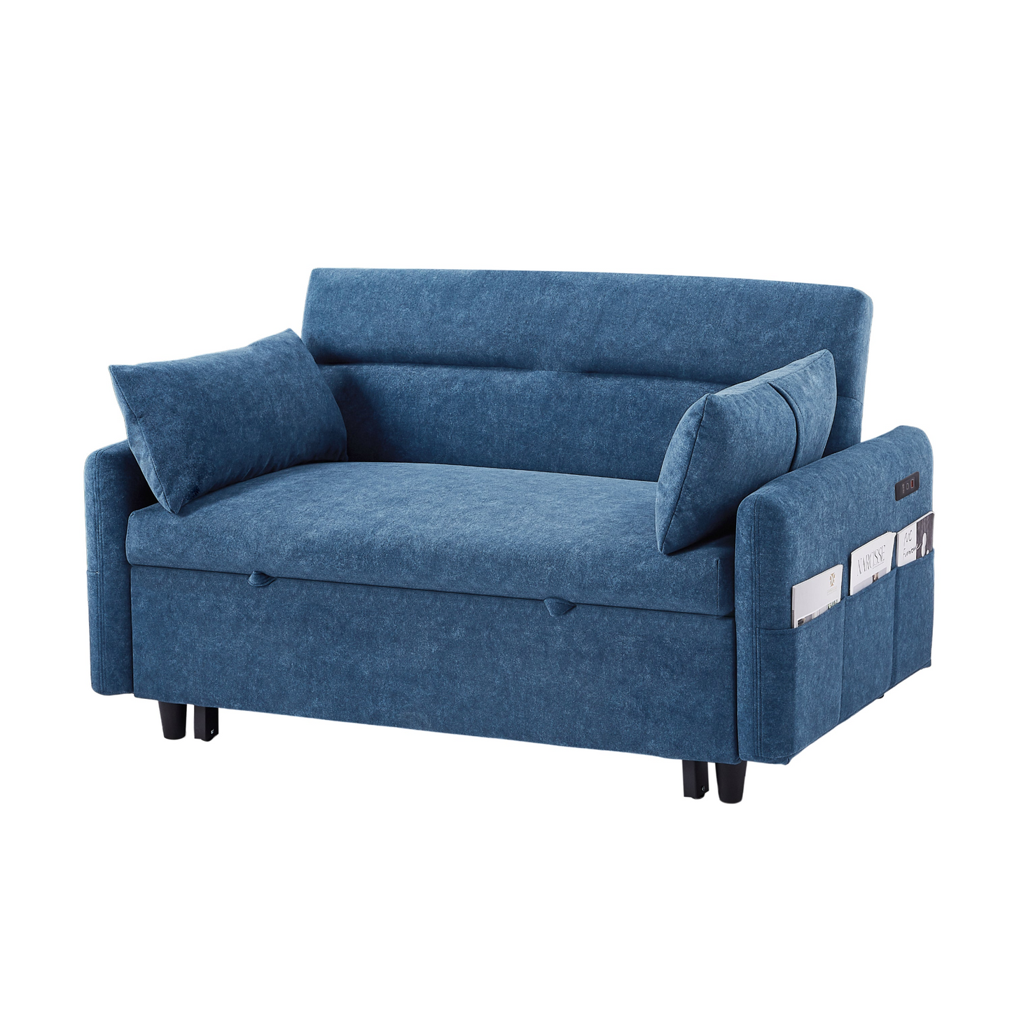 55.1" Pull Out Sleep Sofa Bed Loveseats Sofa Couch with Adjsutable Backrest, Storage Pockets, 2 Soft Pillows, USB Ports for Living Room, Bedroom, Apartment, Office, Blue