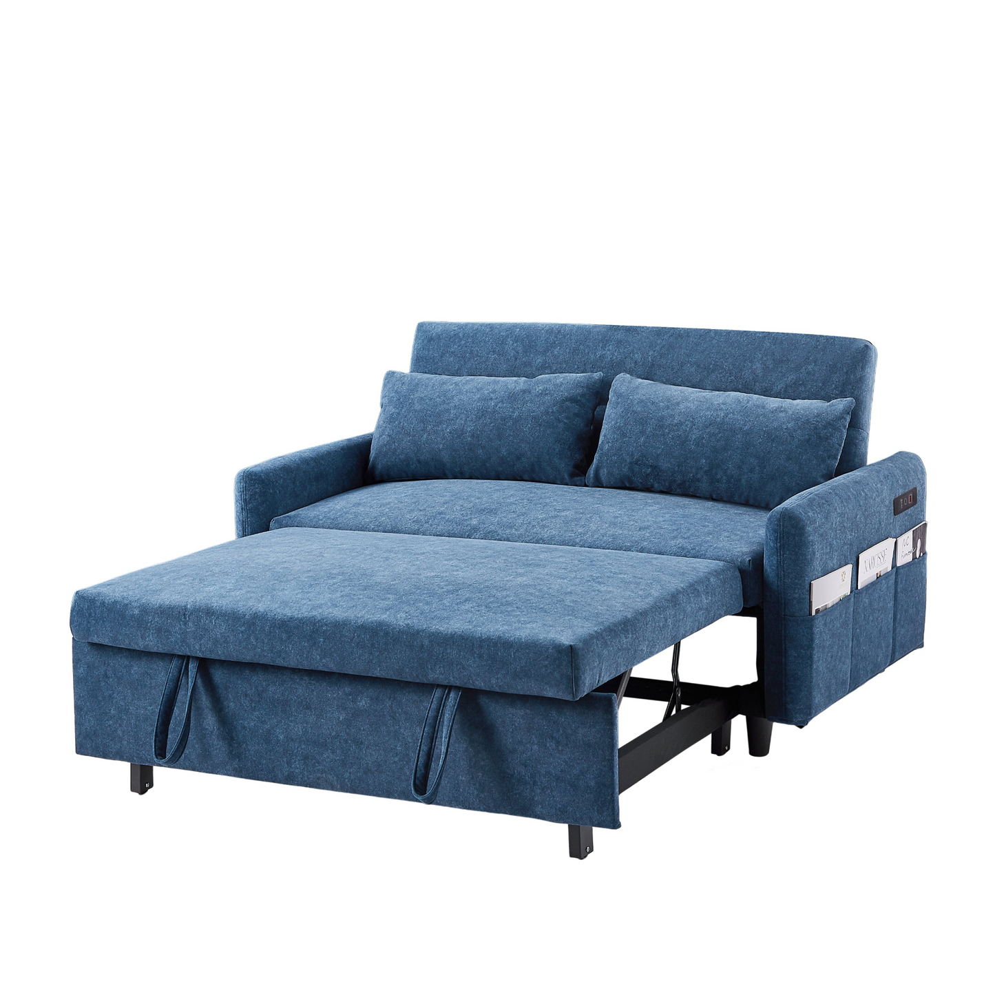 55.1" Pull Out Sleep Sofa Bed Loveseats Sofa Couch with Adjsutable Backrest, Storage Pockets, 2 Soft Pillows, USB Ports for Living Room, Bedroom, Apartment, Office, Blue